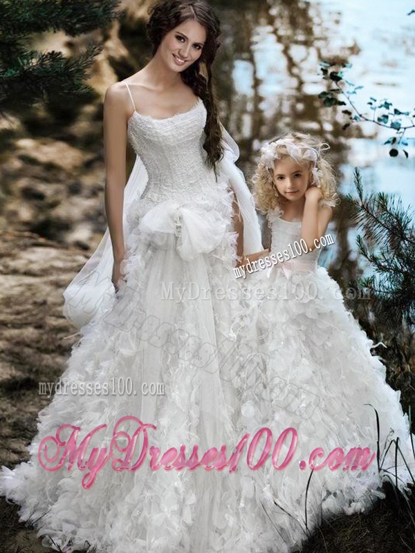 New Arrivals Ruffled and Bowknot White Flower Girl Dress with Straps