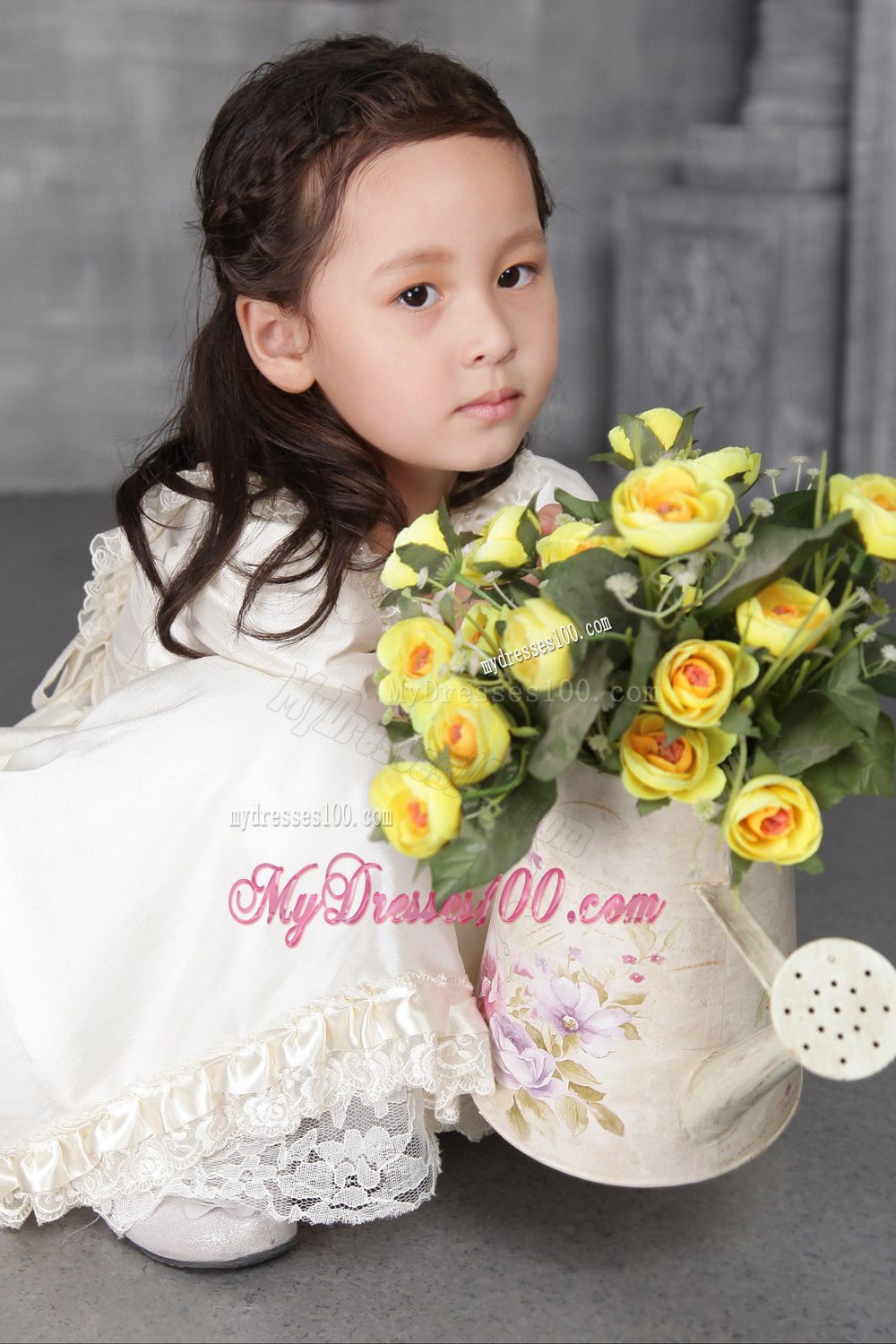 Off White A-line / Princess Scoop Tea-length Taffeta Beading Flower Girl Dress