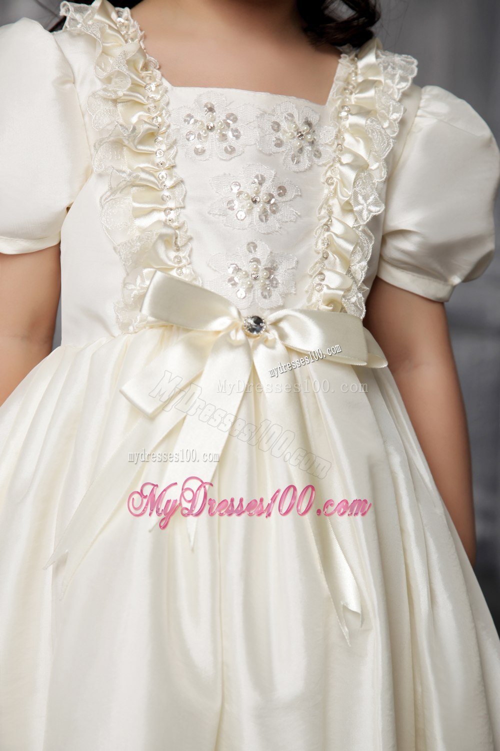 Off White A-line / Princess Scoop Tea-length Taffeta Beading Flower Girl Dress