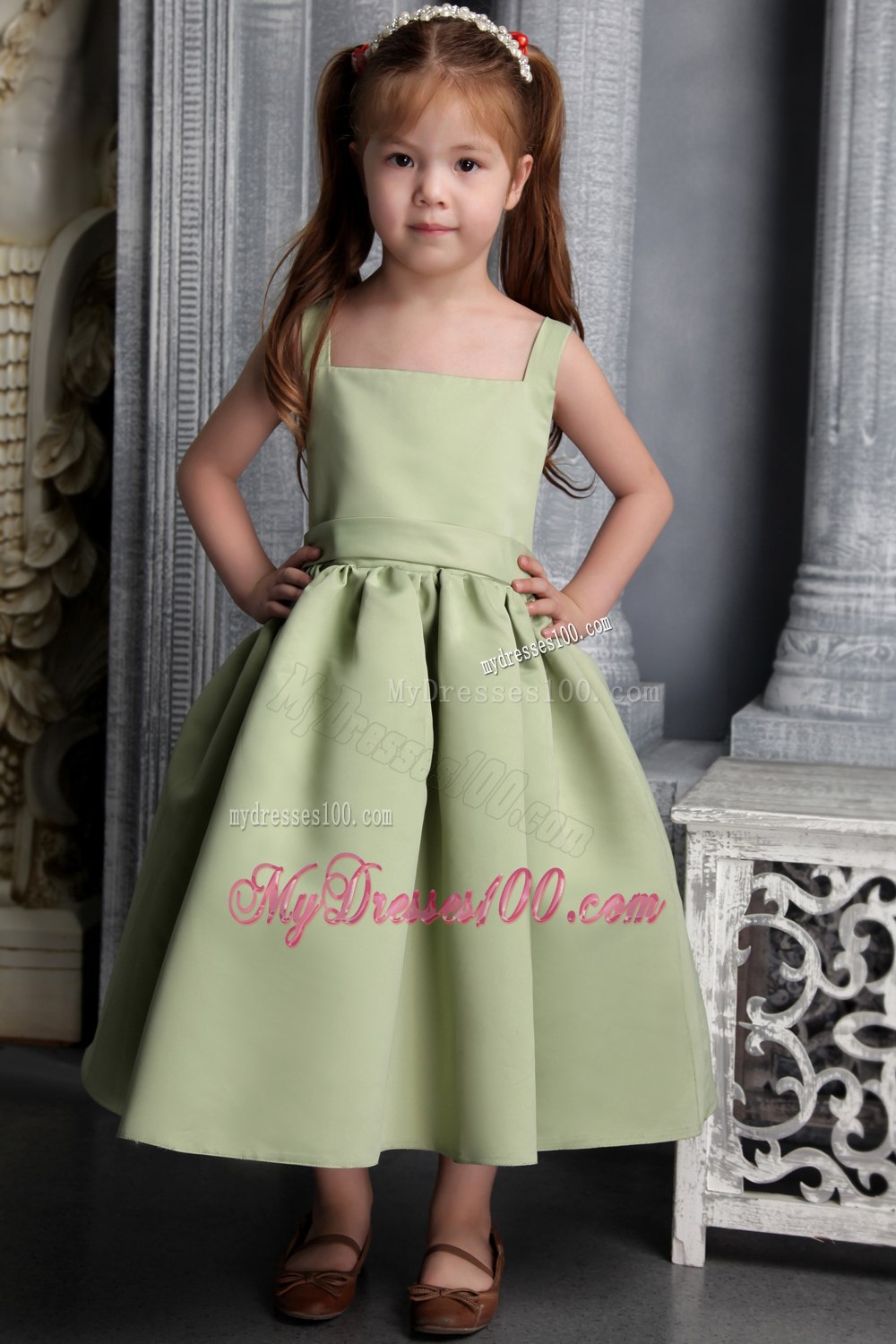Olive Green A-line Straps Tea-length Satin Belt and Bowknot Little Girl Dress