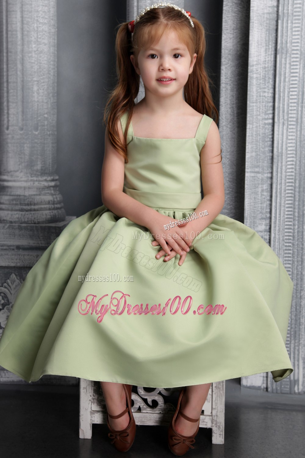Olive Green A-line Straps Tea-length Satin Belt and Bowknot Little Girl Dress