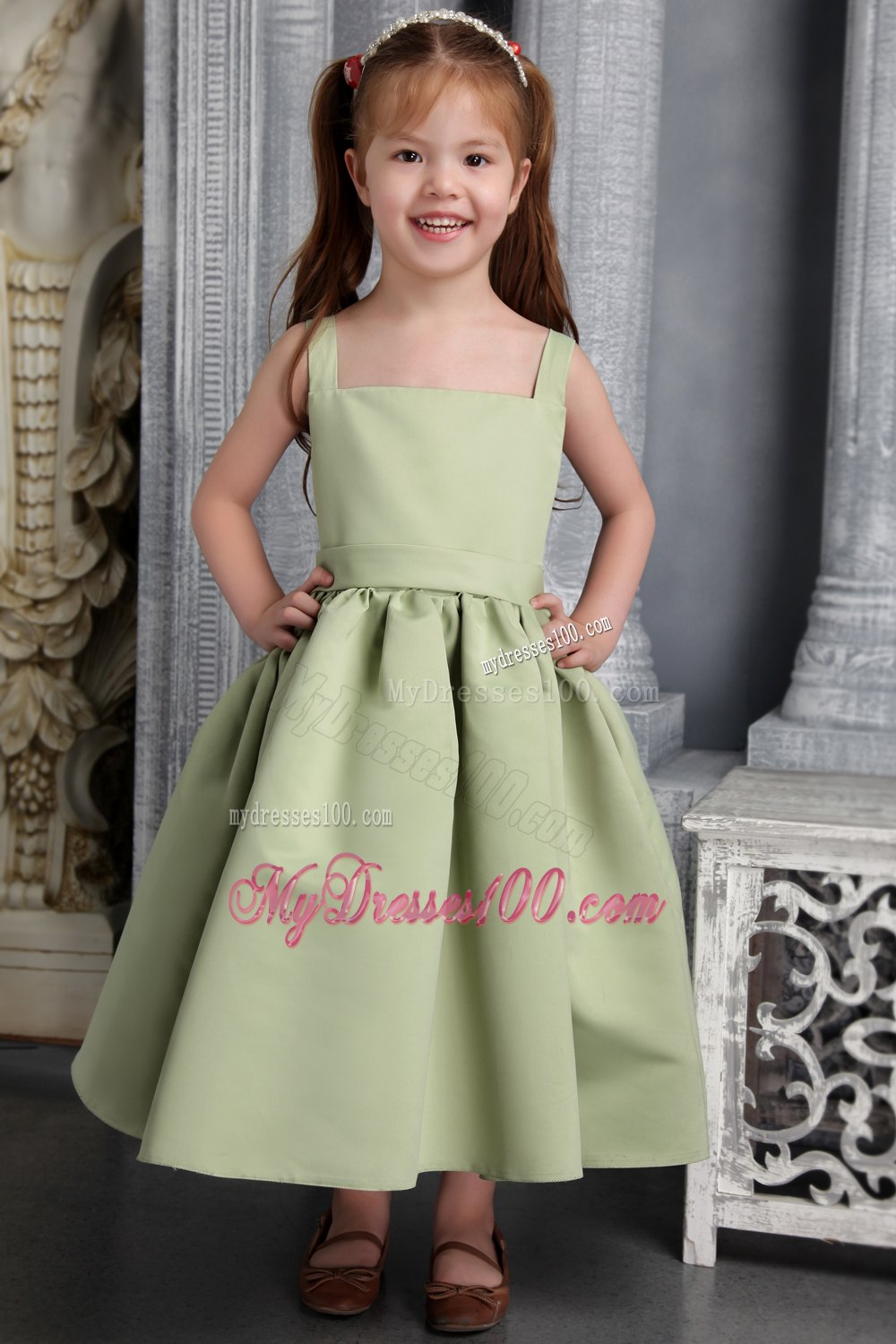 Olive Green A-line Straps Tea-length Satin Belt and Bowknot Little Girl Dress