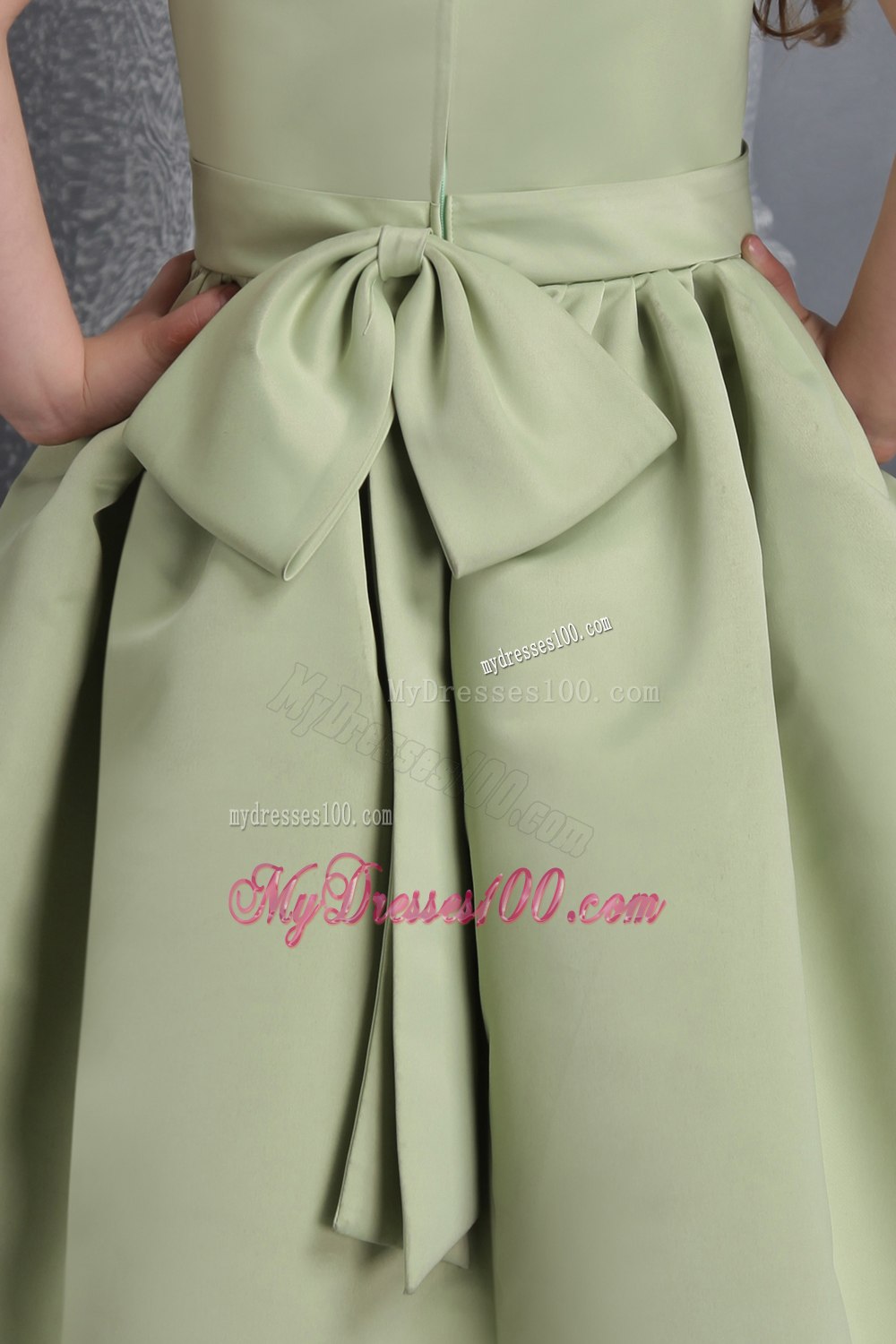 Olive Green A-line Straps Tea-length Satin Belt and Bowknot Little Girl Dress