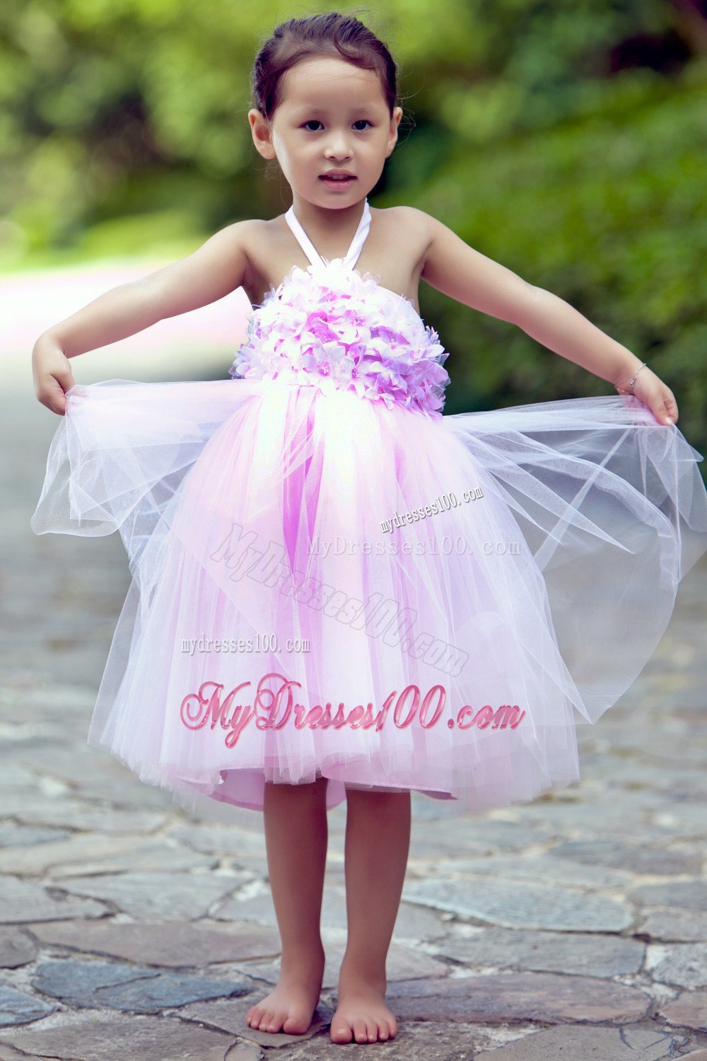 Pink Halter Knee-length Layer Puffy Backless Flower Girl Dress