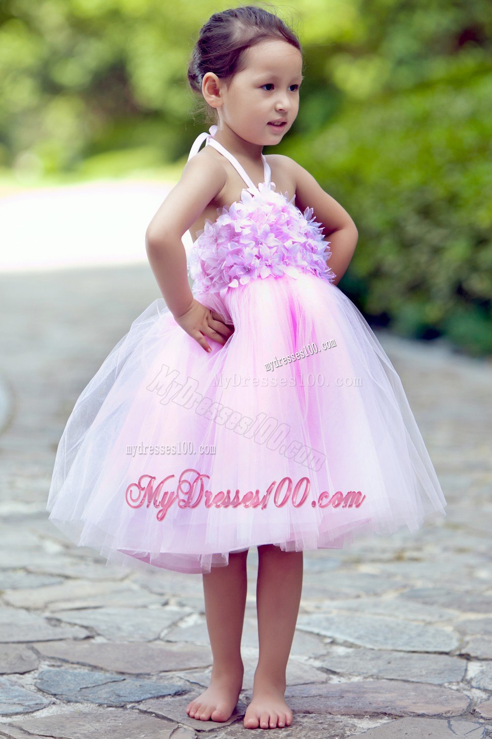 Pink Halter Knee-length Layer Puffy Backless Flower Girl Dress