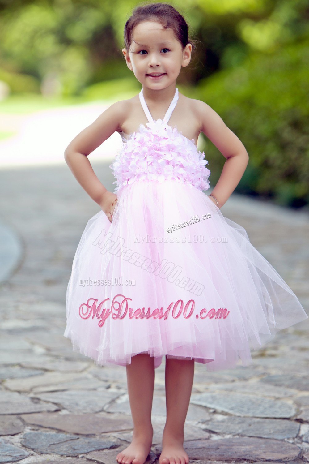 Pink Halter Knee-length Layer Puffy Backless Flower Girl Dress