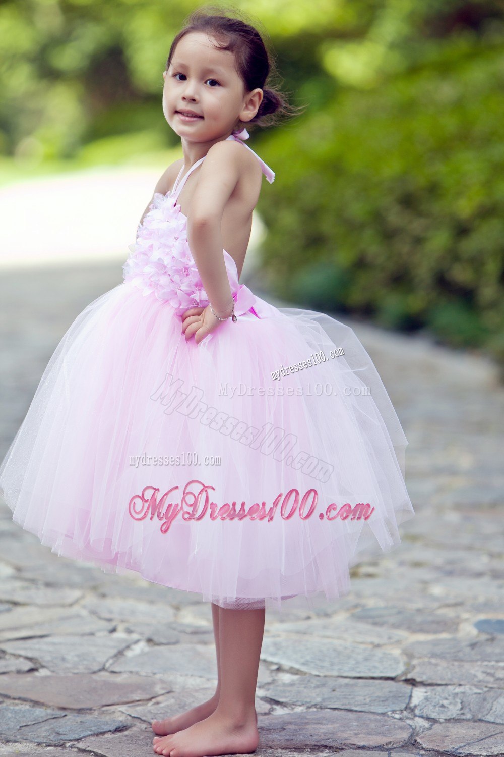 Pink Halter Knee-length Layer Puffy Backless Flower Girl Dress