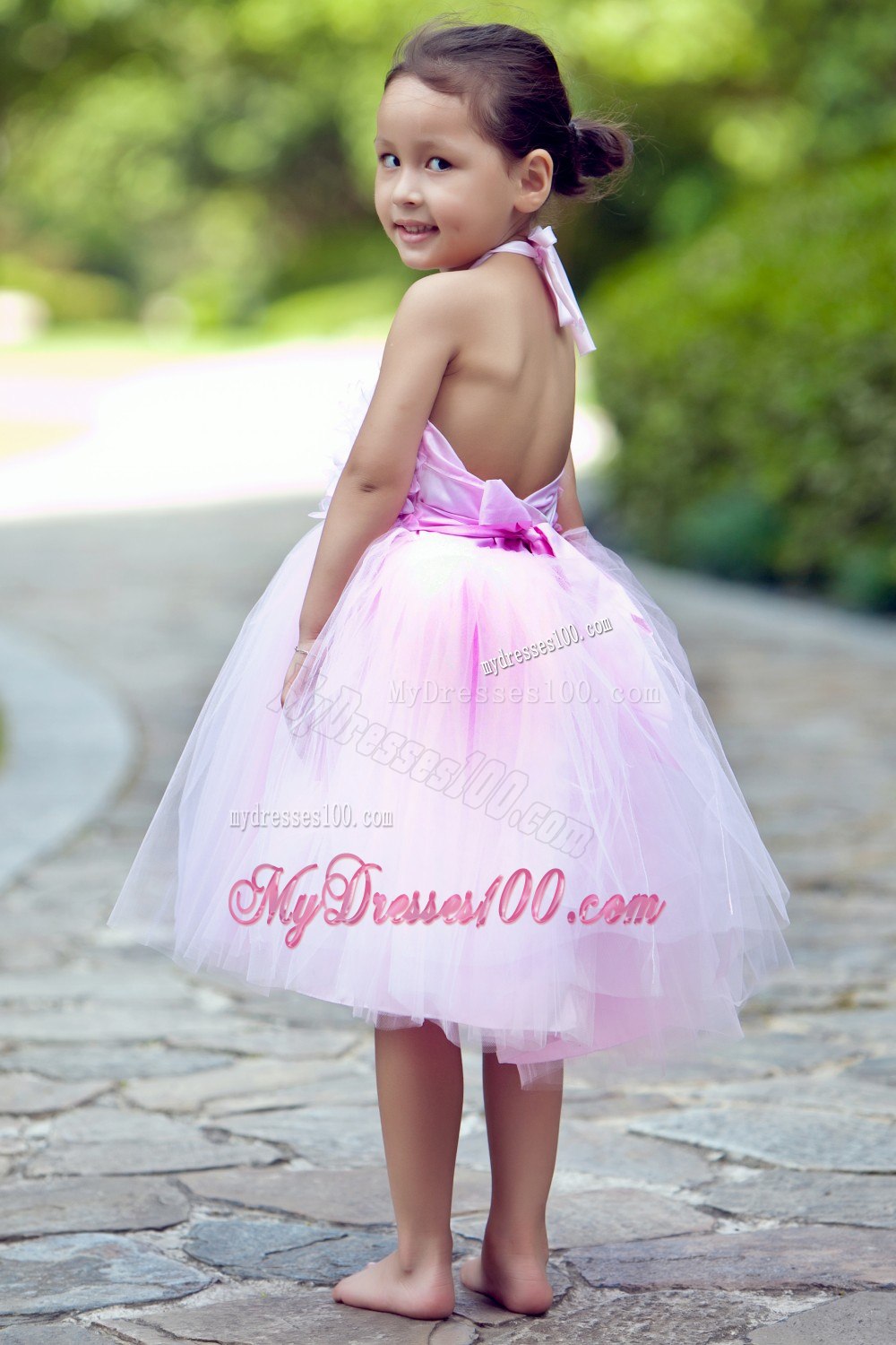 Pink Halter Knee-length Layer Puffy Backless Flower Girl Dress
