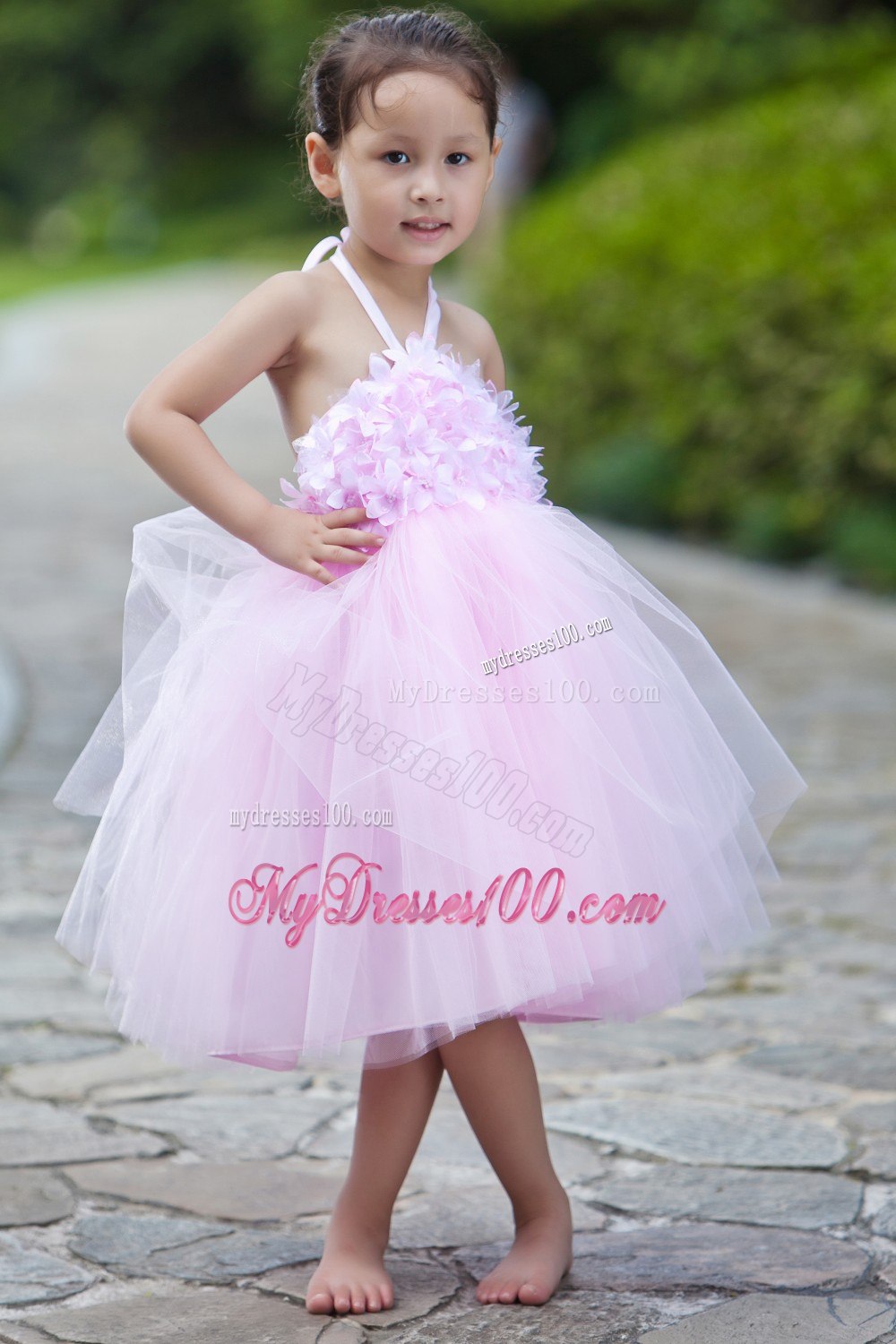 Pink Halter Knee-length Layer Puffy Backless Flower Girl Dress
