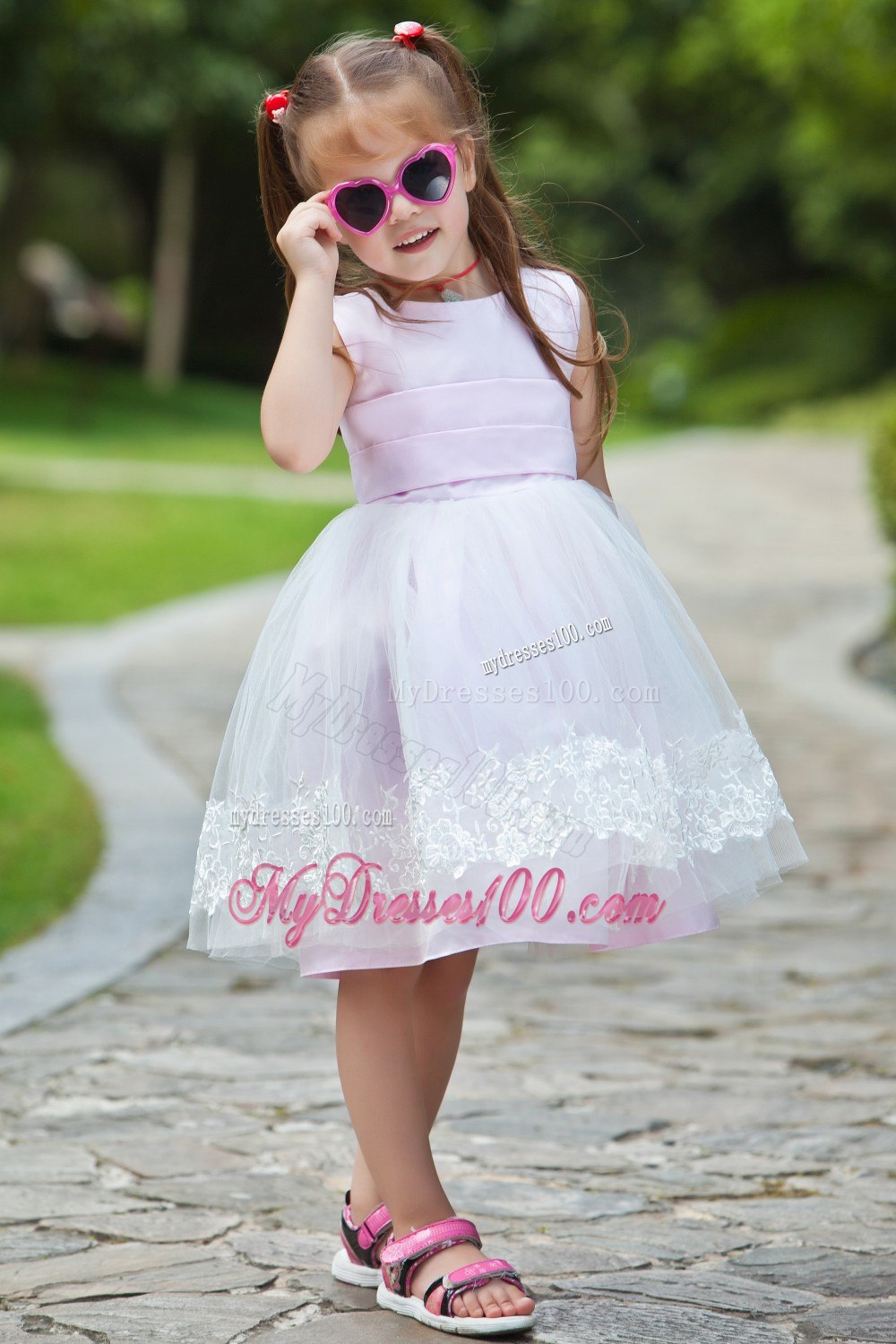 Pink Ball Gown Scoop Tea-length Taffeta and Organza Appliques Flower Girl Dress