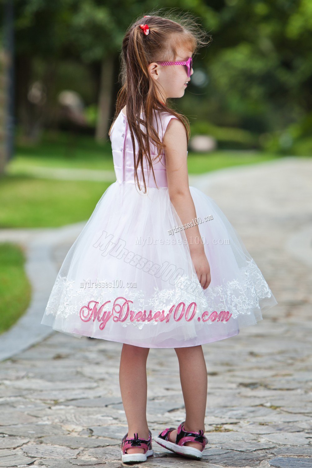 Pink Ball Gown Scoop Tea-length Taffeta and Organza Appliques Flower Girl Dress