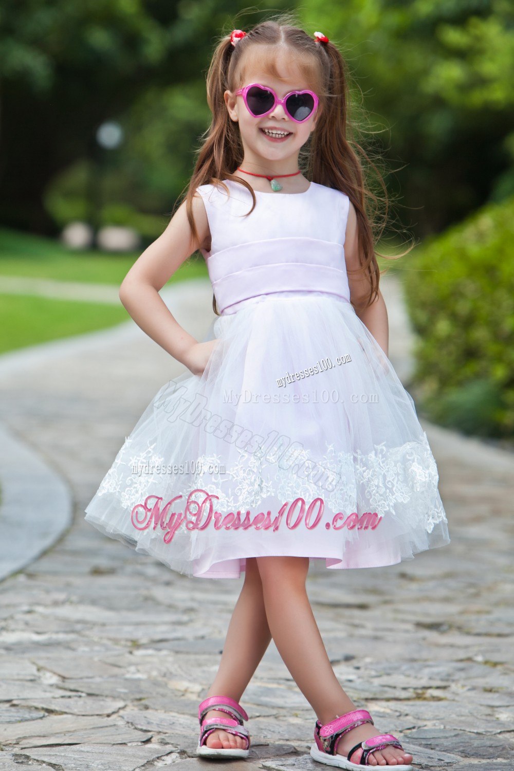 Pink Ball Gown Scoop Tea-length Taffeta and Organza Appliques Flower Girl Dress
