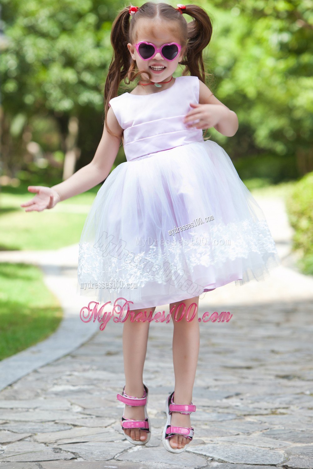 Pink Ball Gown Scoop Tea-length Taffeta and Organza Appliques Flower Girl Dress