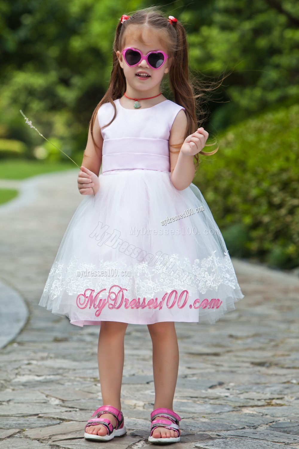 Pink Ball Gown Scoop Tea-length Taffeta and Organza Appliques Flower Girl Dress