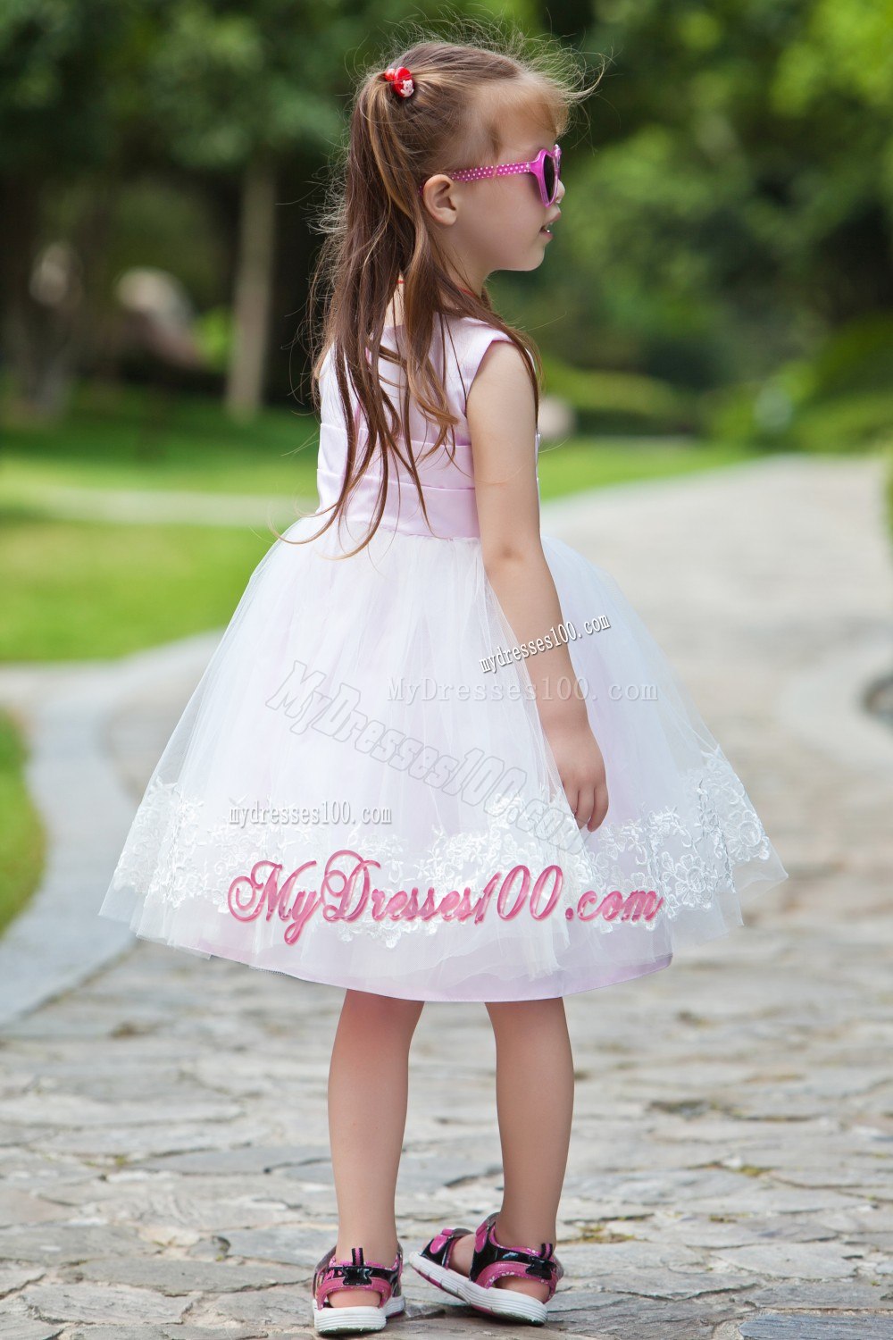 Pink Ball Gown Scoop Tea-length Taffeta and Organza Appliques Flower Girl Dress