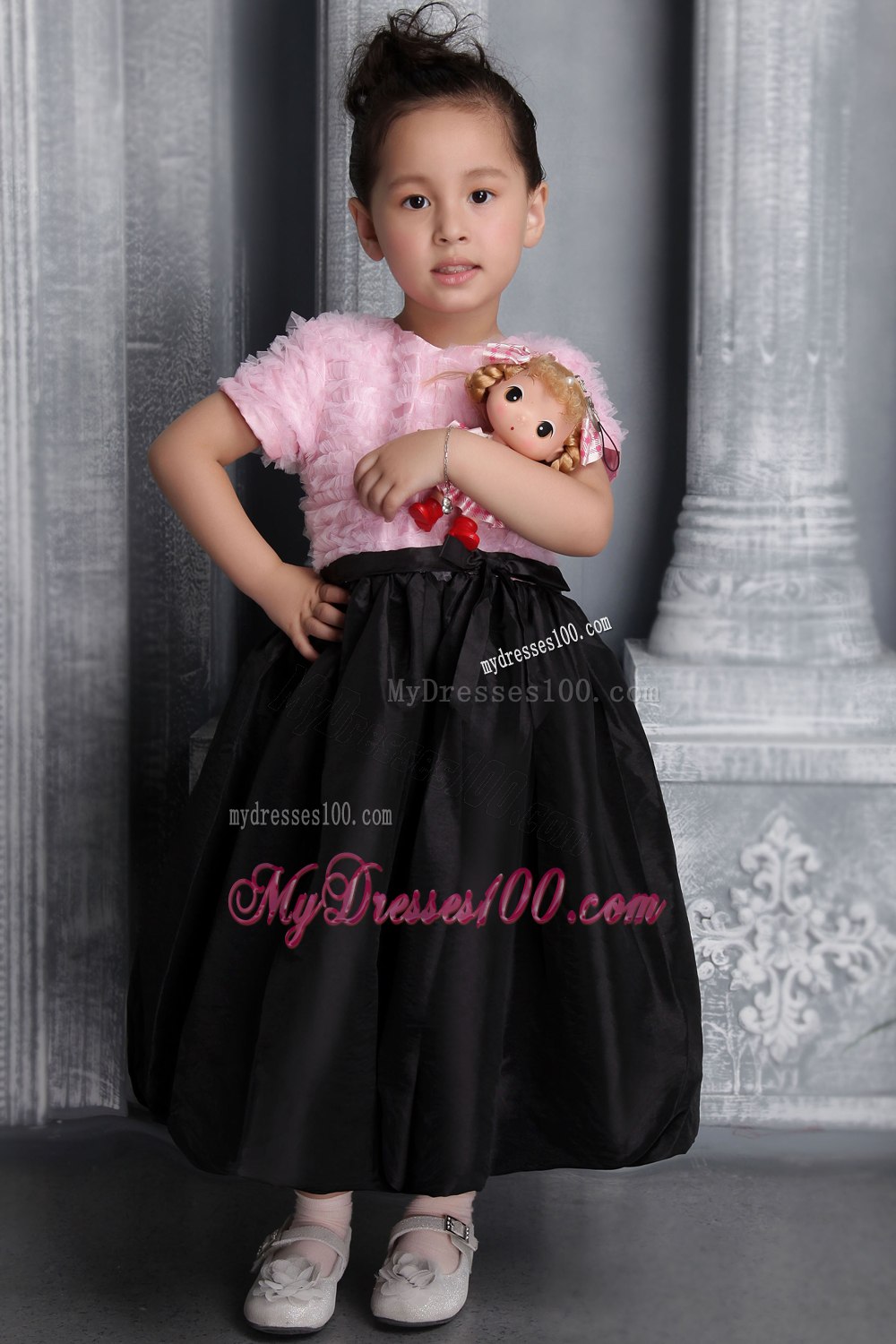 Pink and Black Column / Sheath Scoop Tea-length Taffeta Ruffes Flower Girl Dress