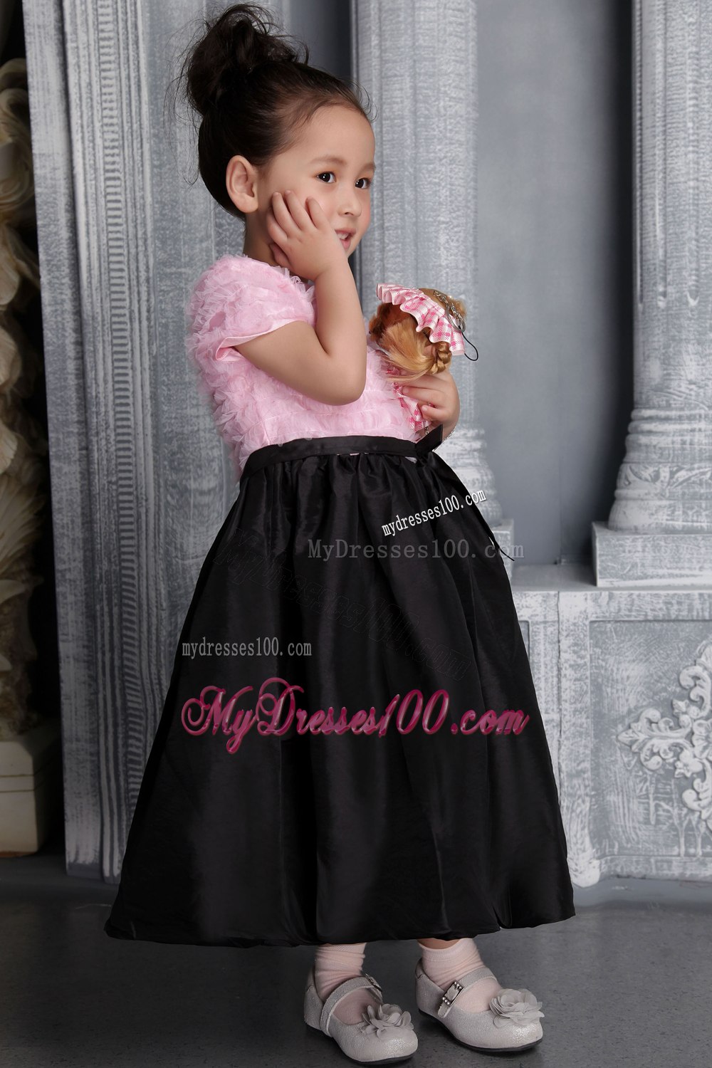 Pink and Black Column / Sheath Scoop Tea-length Taffeta Ruffes Flower Girl Dress