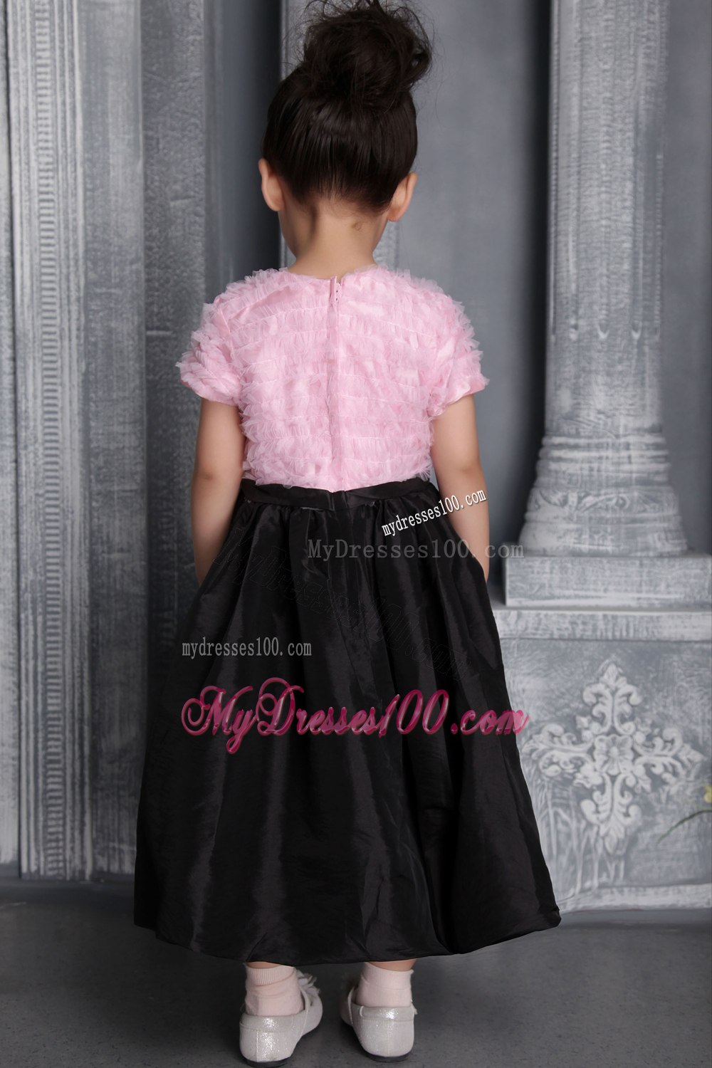 Pink and Black Column / Sheath Scoop Tea-length Taffeta Ruffes Flower Girl Dress
