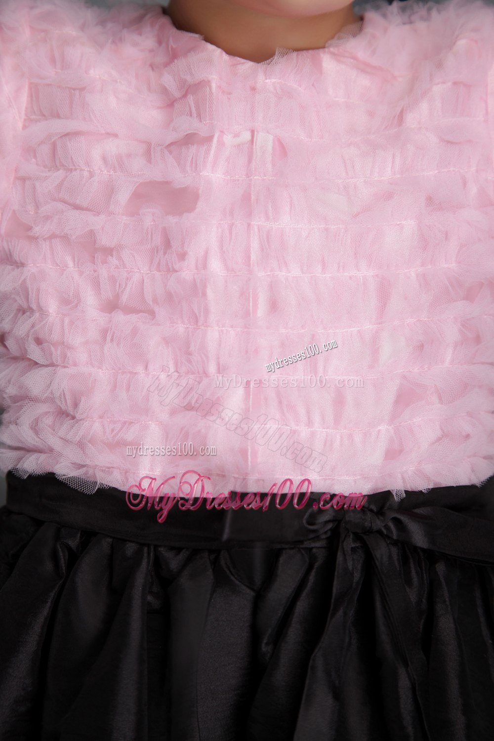 Pink and Black Column / Sheath Scoop Tea-length Taffeta Ruffes Flower Girl Dress