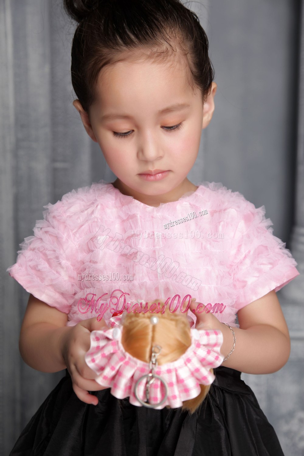 Pink and Black Column / Sheath Scoop Tea-length Taffeta Ruffes Flower Girl Dress
