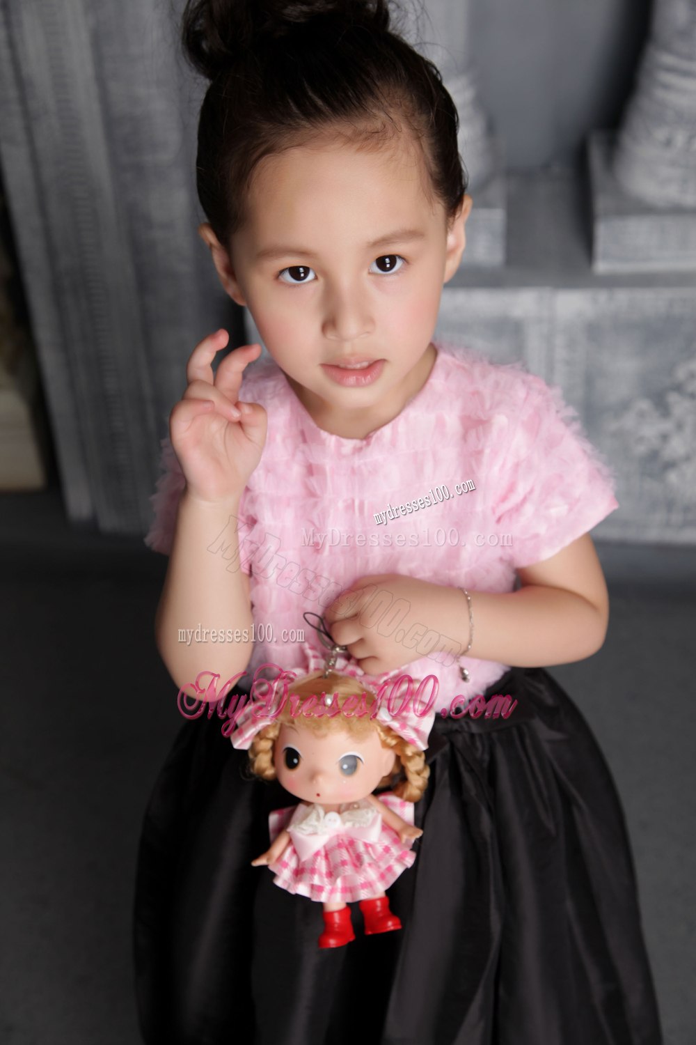 Pink and Black Column / Sheath Scoop Tea-length Taffeta Ruffes Flower Girl Dress
