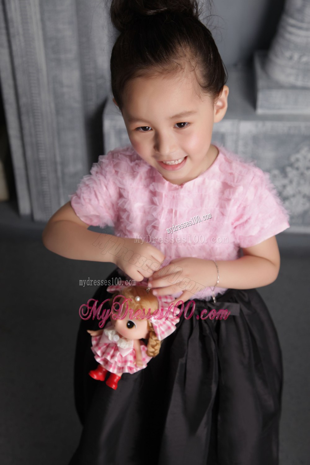Pink and Black Column / Sheath Scoop Tea-length Taffeta Ruffes Flower Girl Dress