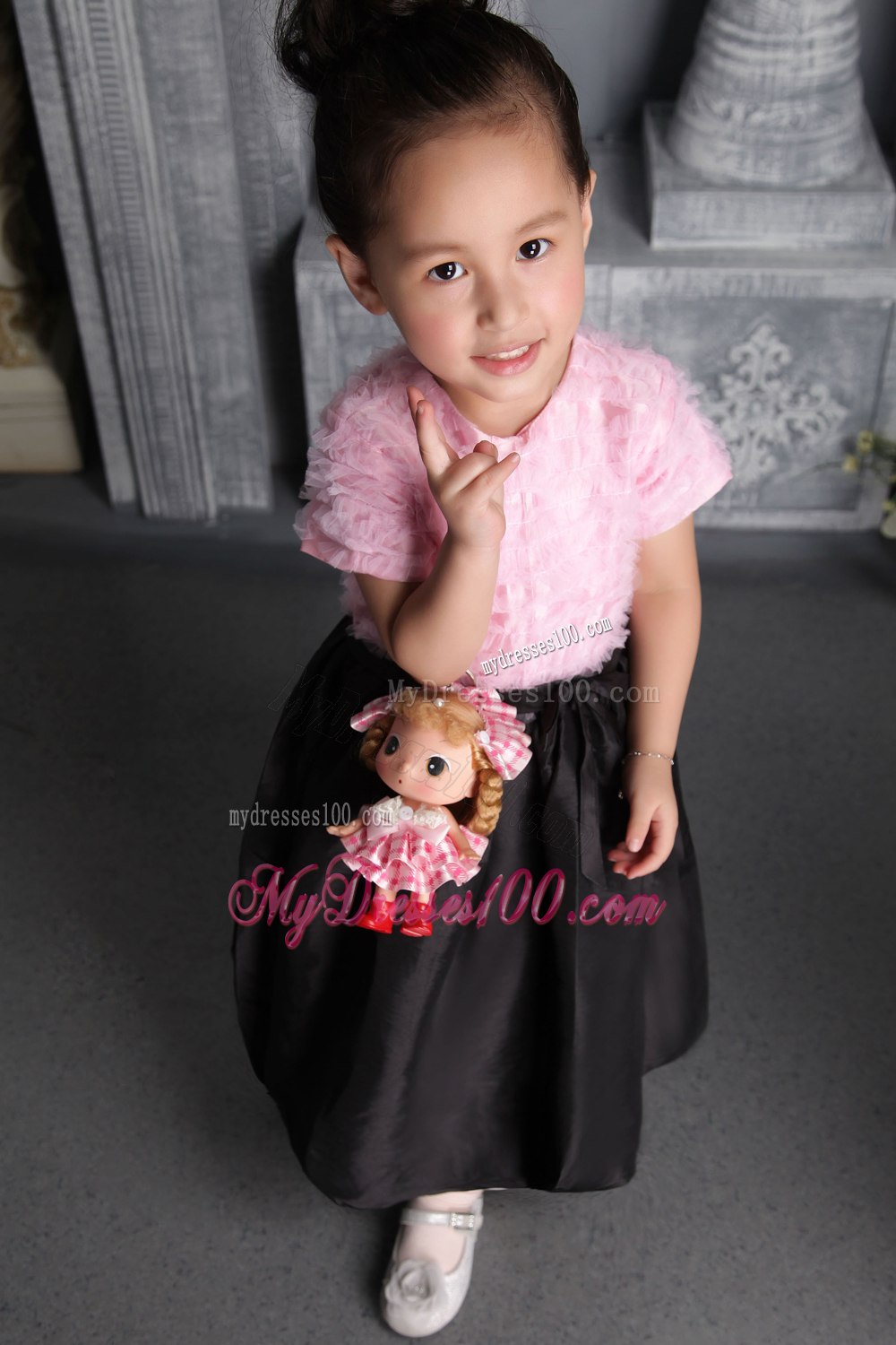 Pink and Black Column / Sheath Scoop Tea-length Taffeta Ruffes Flower Girl Dress