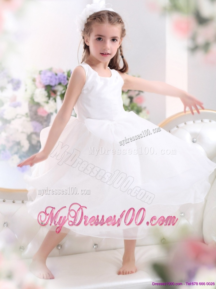 Popular Scoop White Bowknot A Line Flower Girl Dresses for 2016