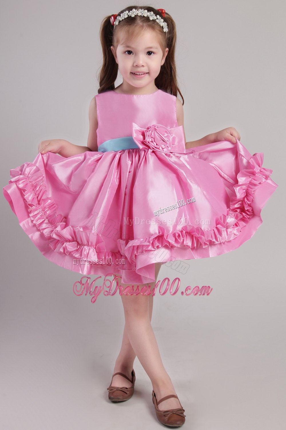 Rose Pink Princess Scoop Knee-length Taffeta Belt and Handle Made Flowers Little Girl Dress