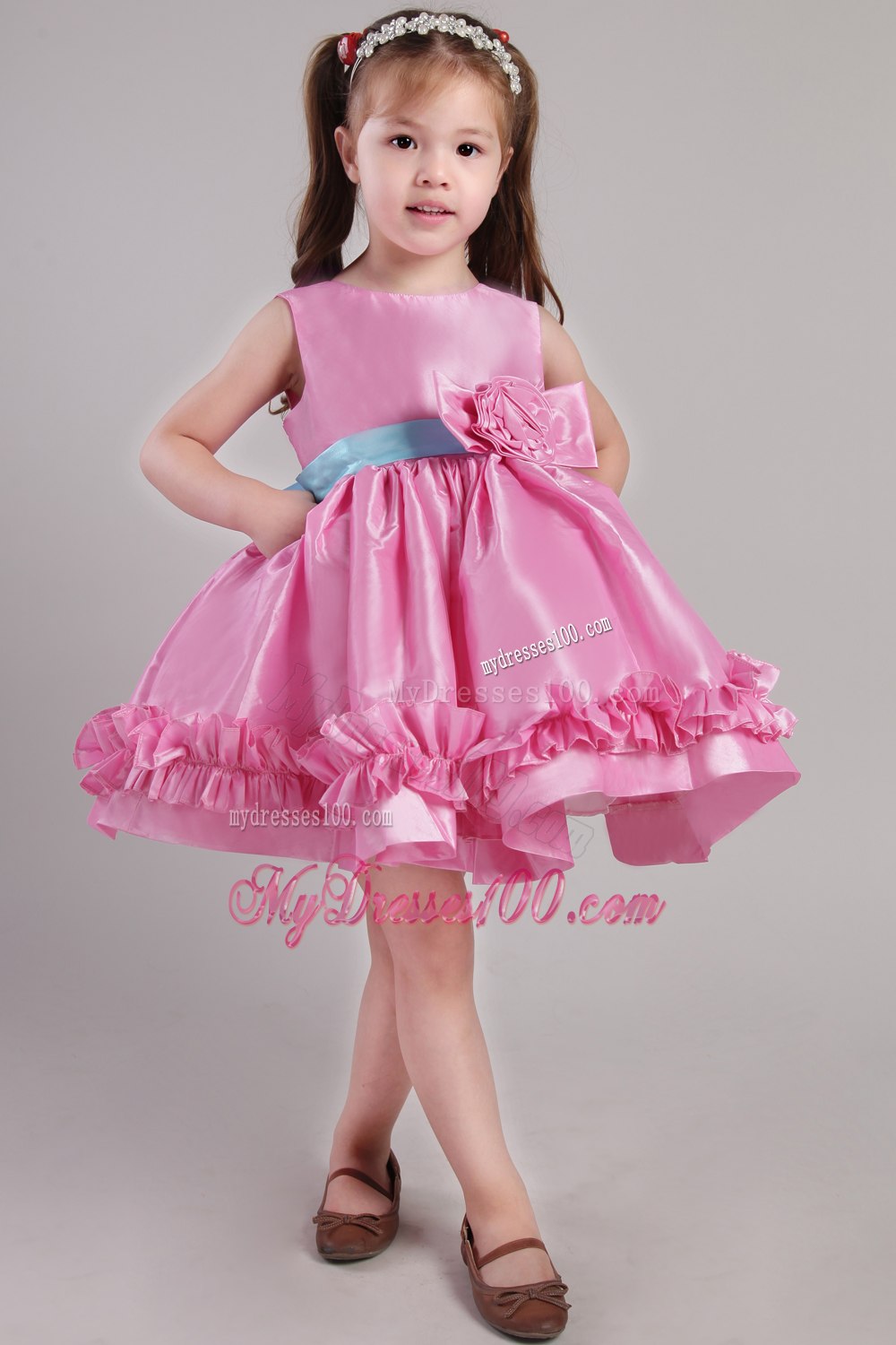 Rose Pink Princess Scoop Knee-length Taffeta Belt and Handle Made Flowers Little Girl Dress