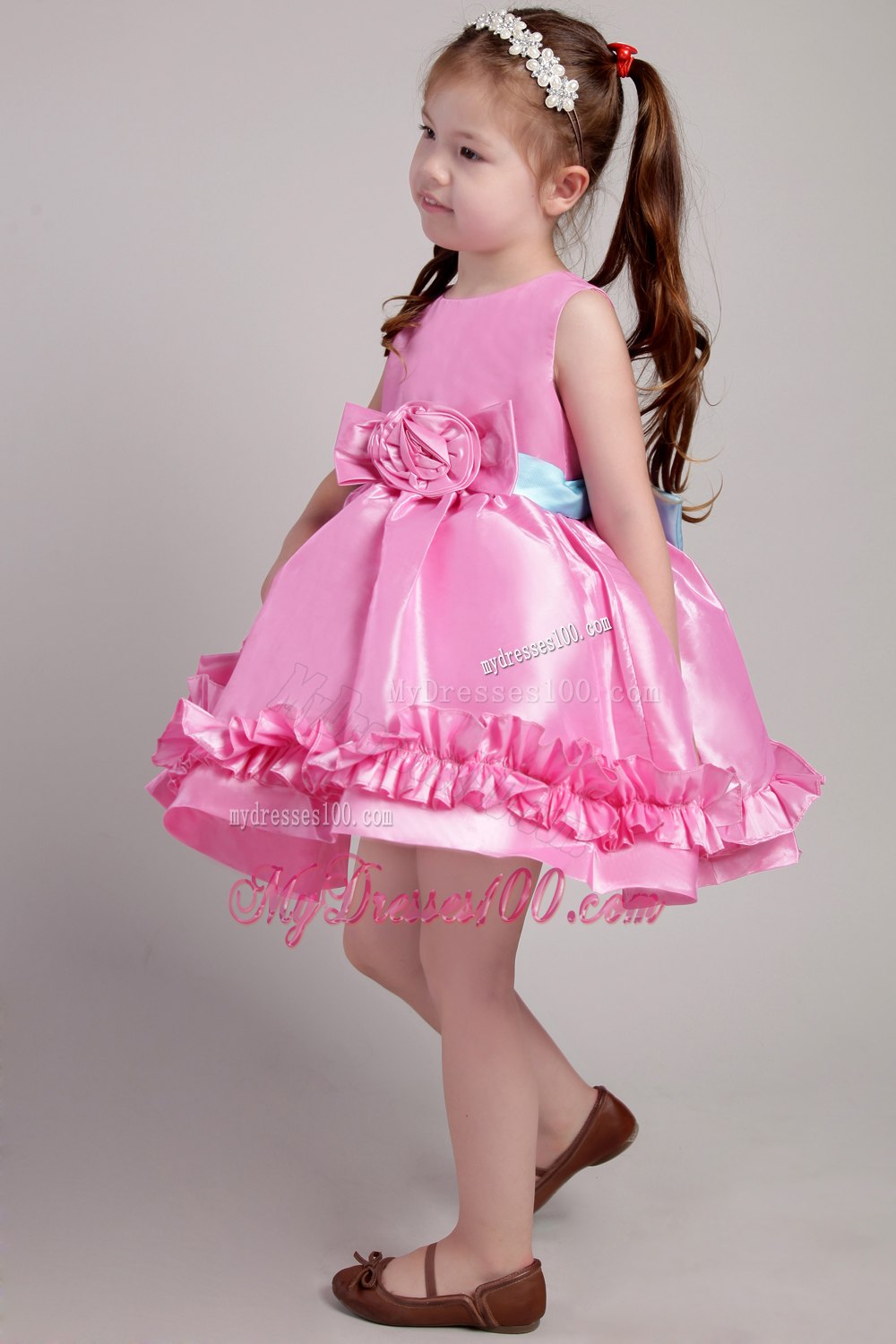 Rose Pink Princess Scoop Knee-length Taffeta Belt and Handle Made Flowers Little Girl Dress