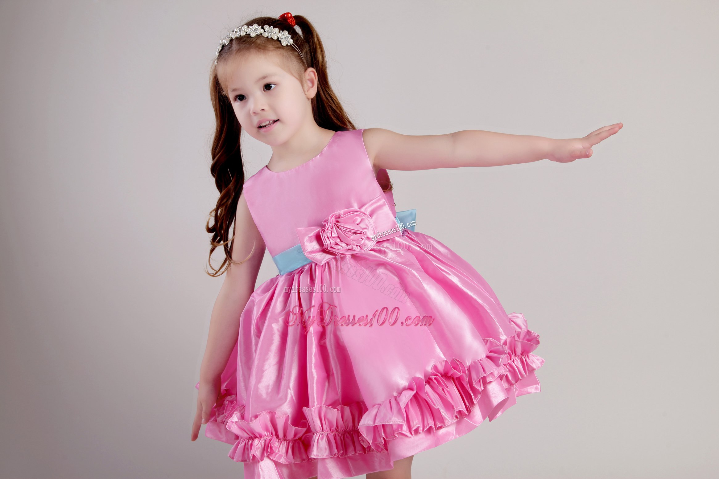 Rose Pink Princess Scoop Knee-length Taffeta Belt and Handle Made Flowers Little Girl Dress