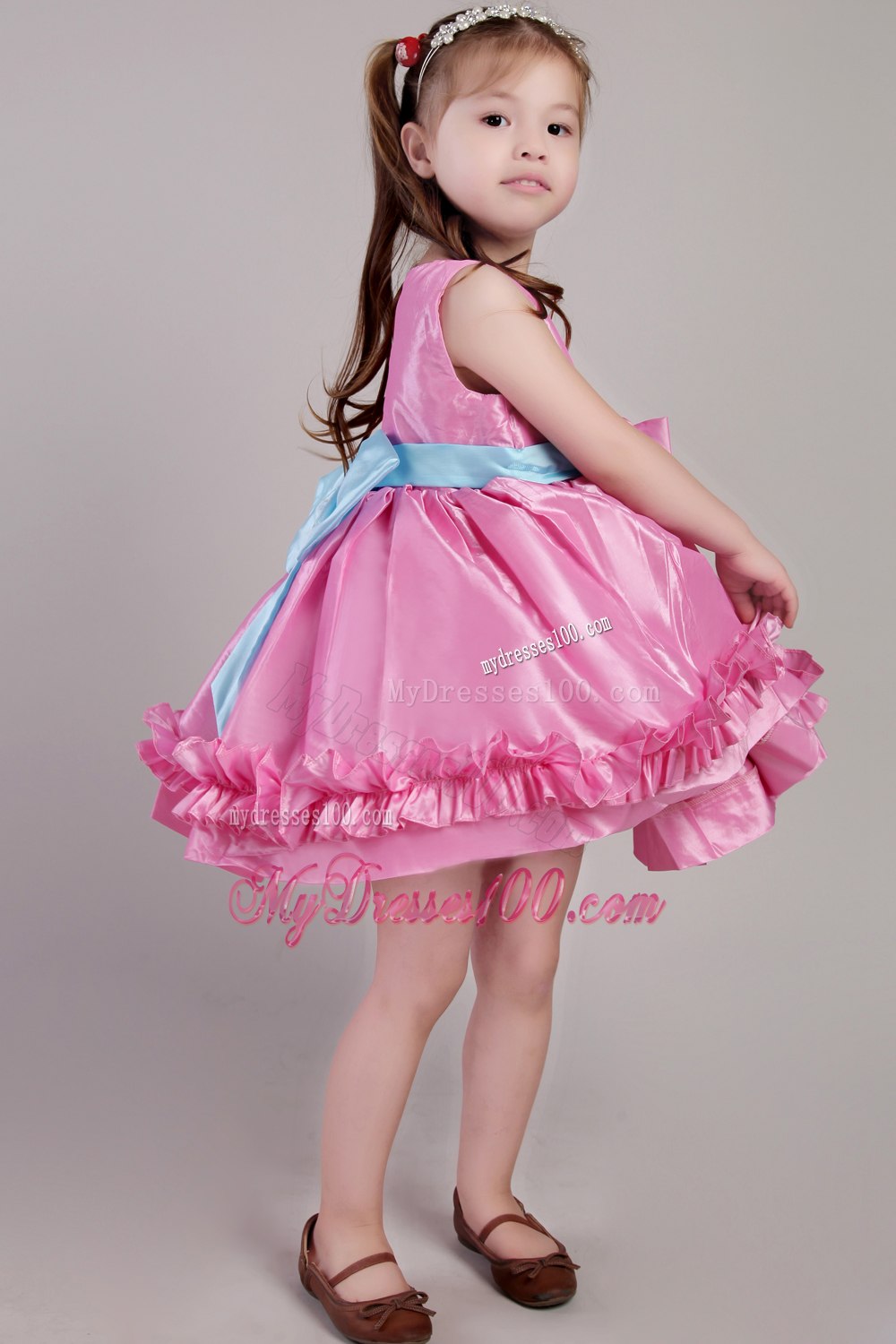 Rose Pink Princess Scoop Knee-length Taffeta Belt and Handle Made Flowers Little Girl Dress