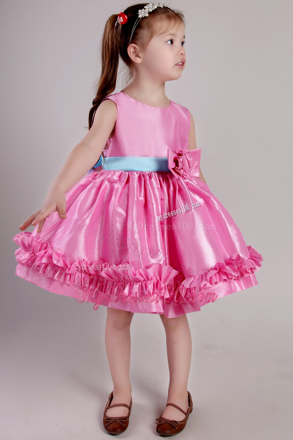 Rose Pink Princess Scoop Knee-length Taffeta Belt and Handle Made Flowers Little Girl Dress