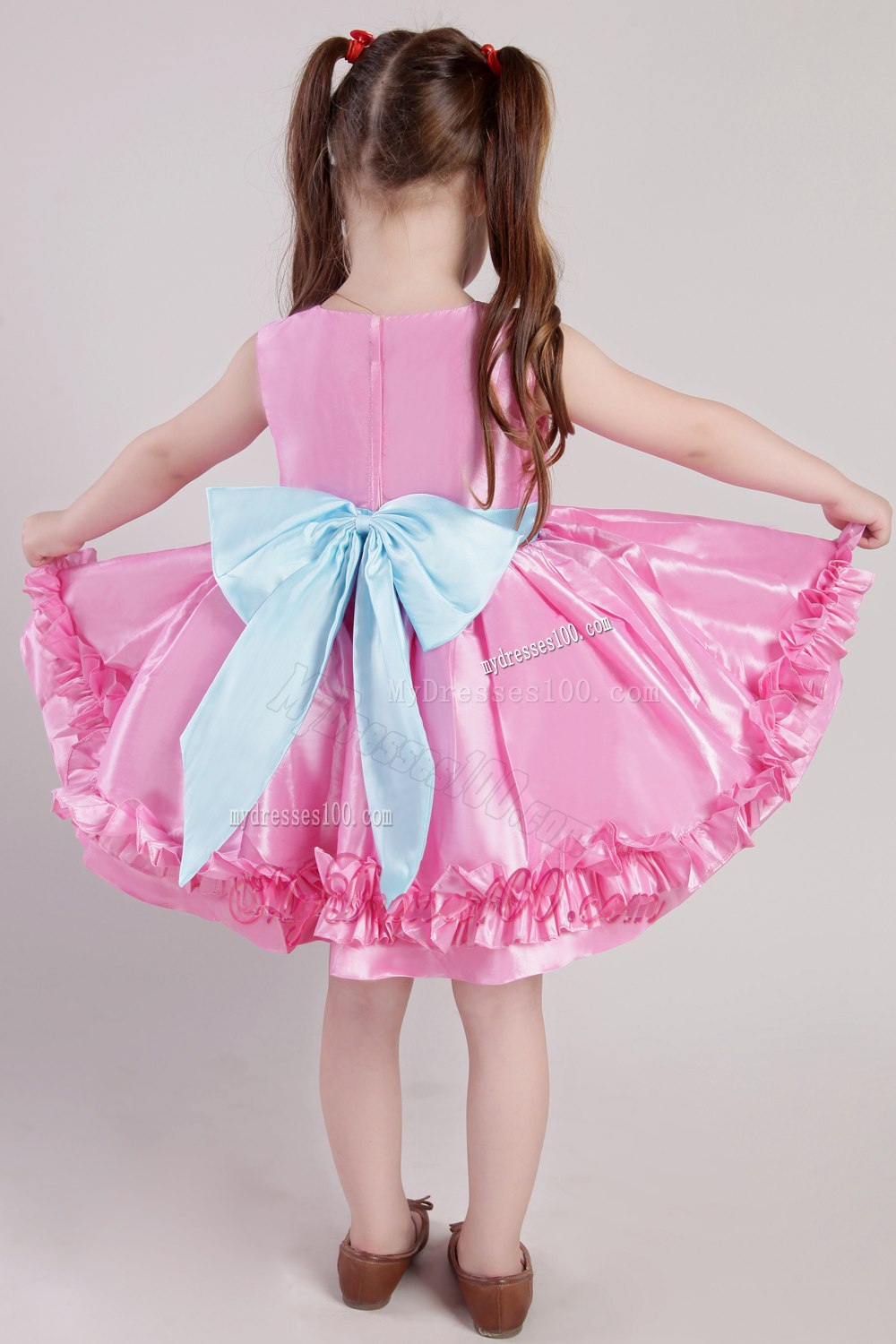 Rose Pink Princess Scoop Knee-length Taffeta Belt and Handle Made Flowers Little Girl Dress