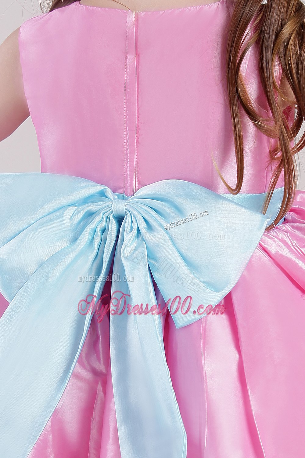 Rose Pink Princess Scoop Knee-length Taffeta Belt and Handle Made Flowers Little Girl Dress