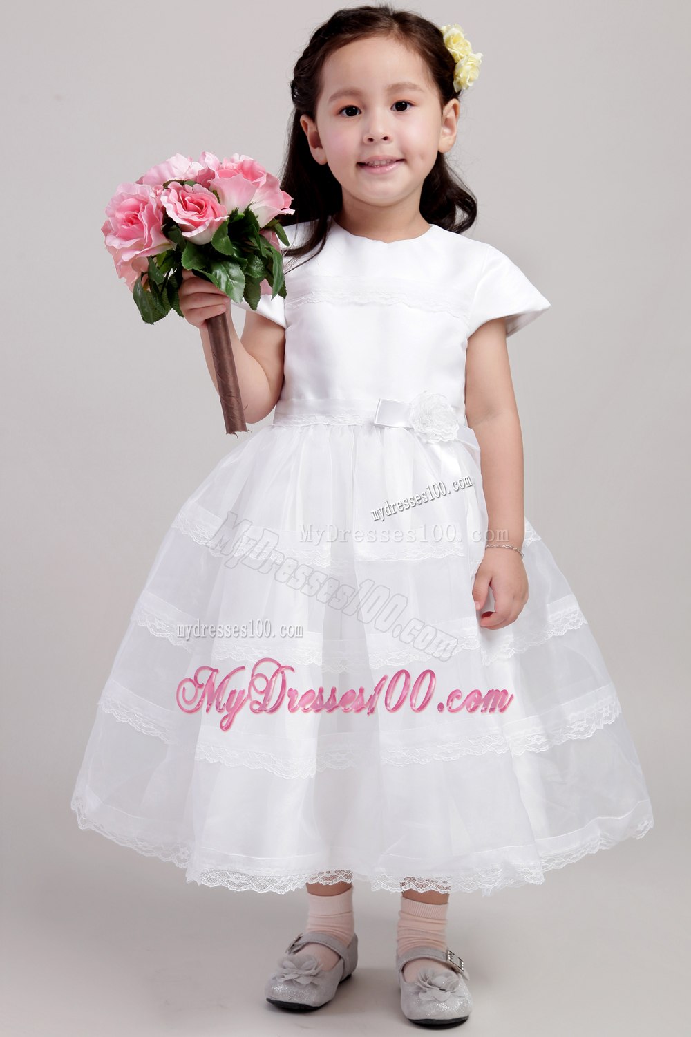 White A-Line / Princess Scoop Tea-length Satin and Lace Hand Made Flower Flower Girl Dress