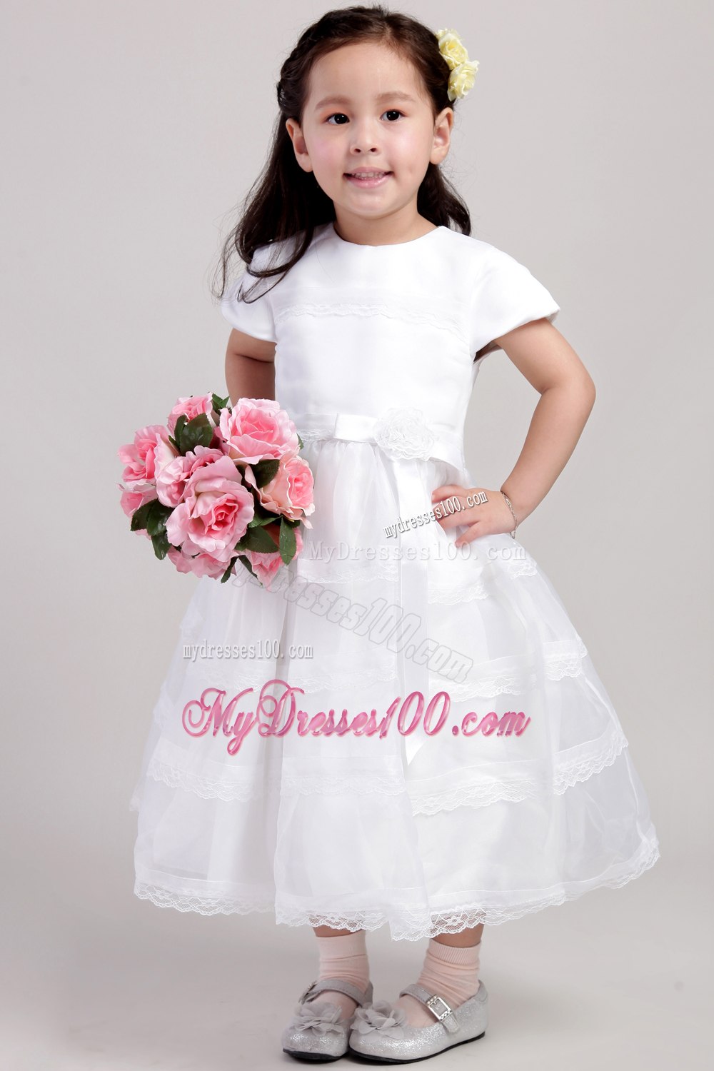 White A-Line / Princess Scoop Tea-length Satin and Lace Hand Made Flower Flower Girl Dress