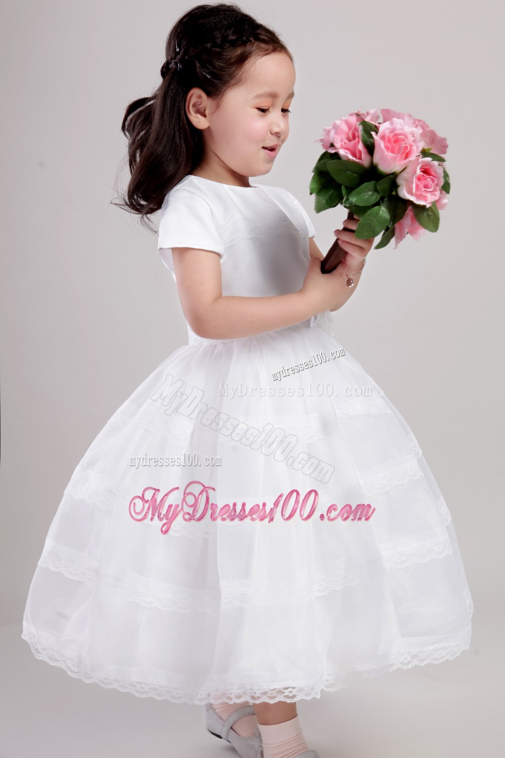White A-Line / Princess Scoop Tea-length Satin and Lace Hand Made Flower Flower Girl Dress