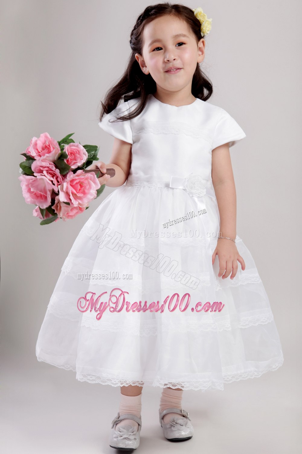 White A-Line / Princess Scoop Tea-length Satin and Lace Hand Made Flower Flower Girl Dress