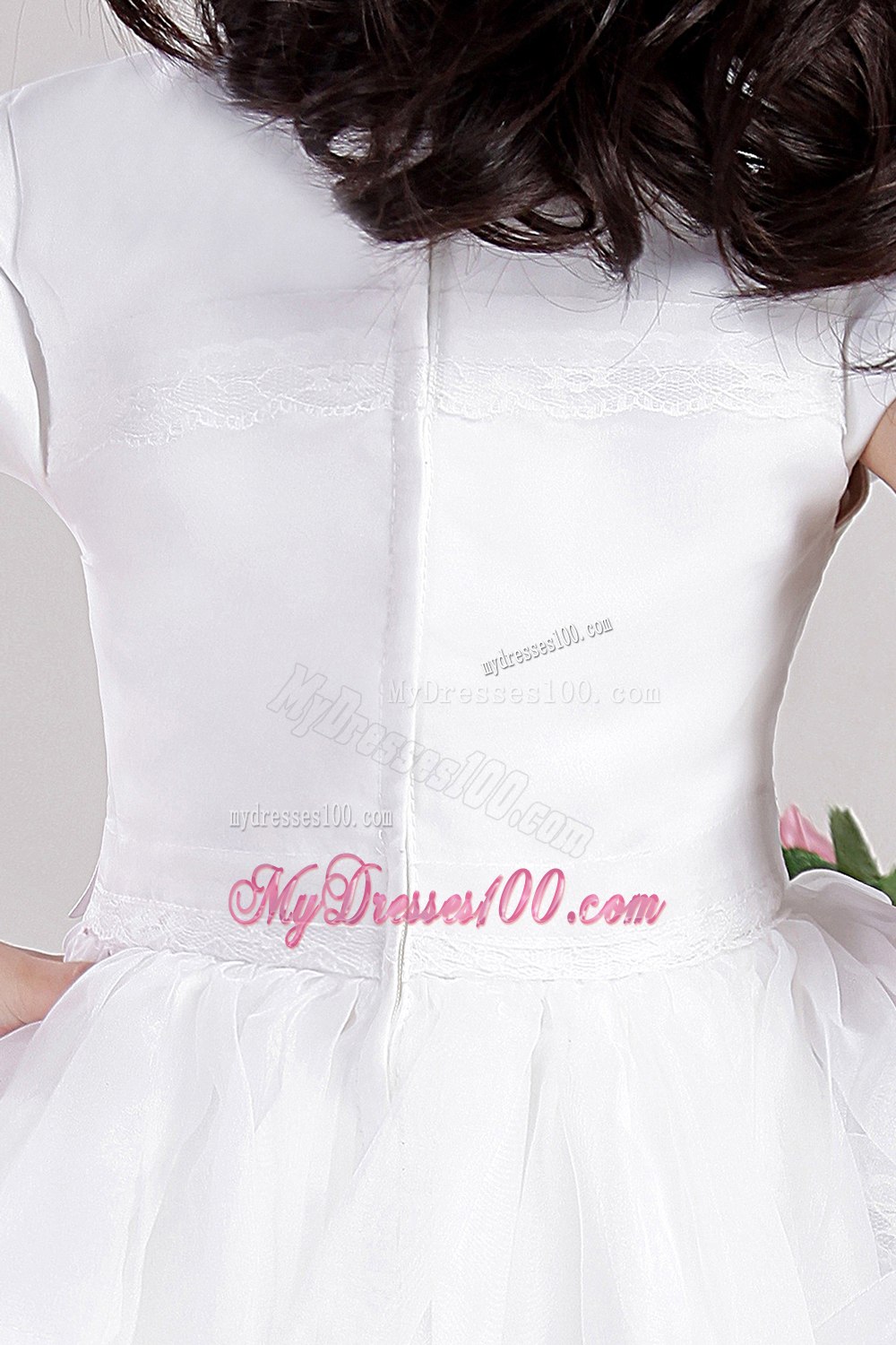 White A-Line / Princess Scoop Tea-length Satin and Lace Hand Made Flower Flower Girl Dress