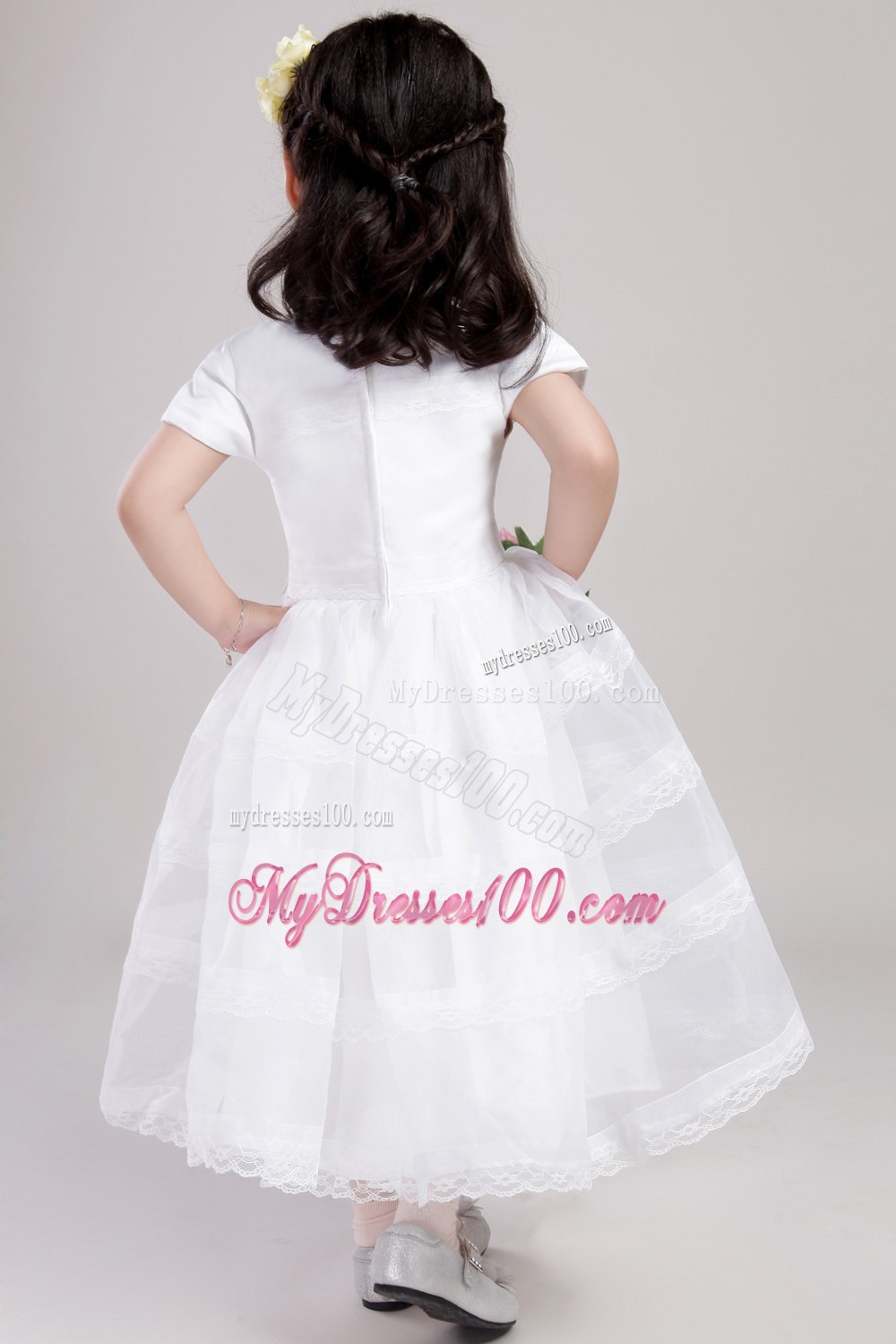 White A-Line / Princess Scoop Tea-length Satin and Lace Hand Made Flower Flower Girl Dress