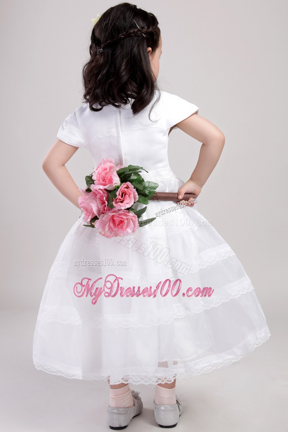 White A-Line / Princess Scoop Tea-length Satin and Lace Hand Made Flower Flower Girl Dress