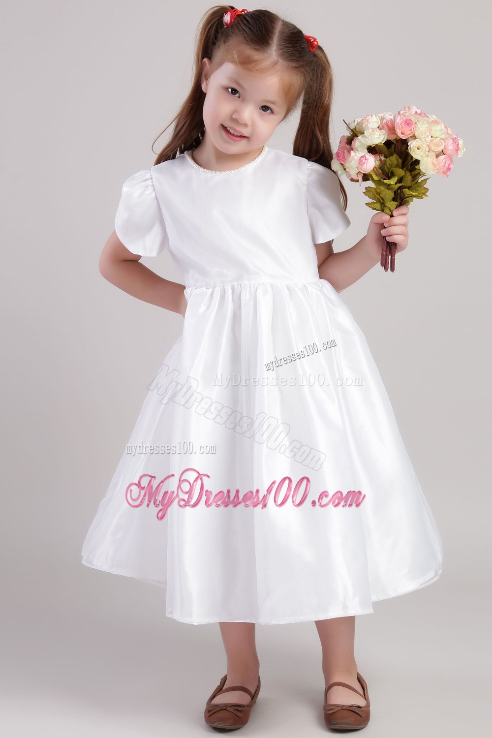 Simple White Princess Scoop Tea-length Taffeta Flower Girl Dress