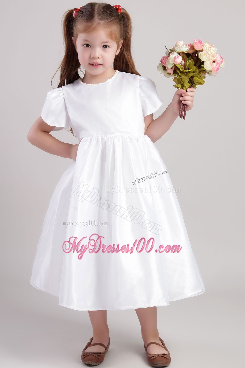 Simple White Princess Scoop Tea-length Taffeta Flower Girl Dress