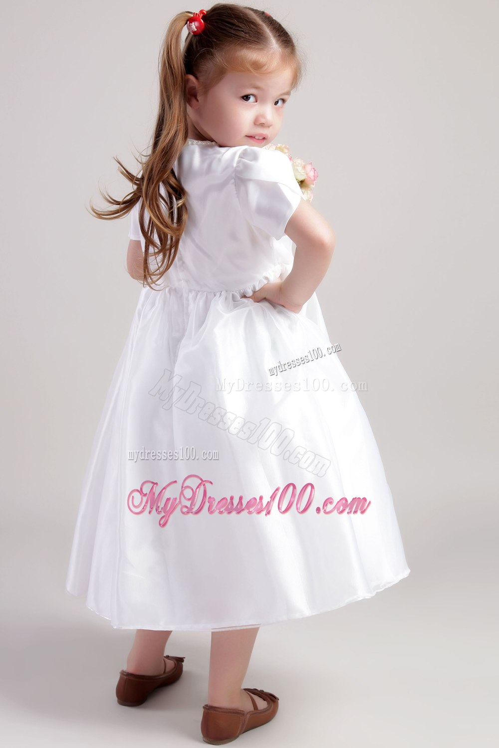 Simple White Princess Scoop Tea-length Taffeta Flower Girl Dress