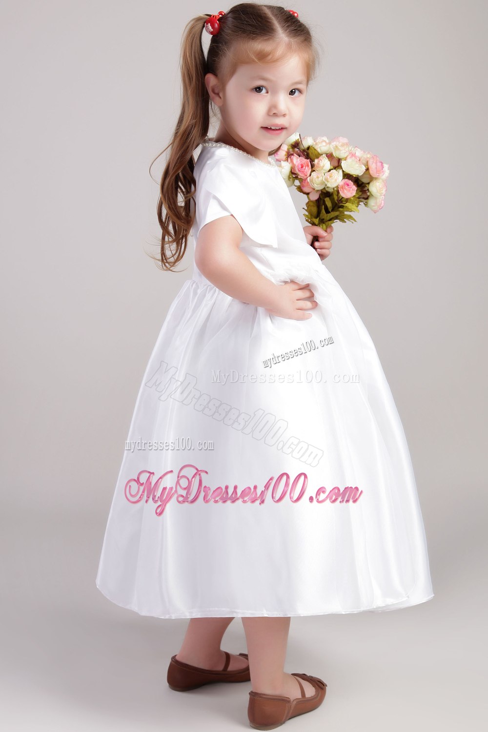 Simple White Princess Scoop Tea-length Taffeta Flower Girl Dress
