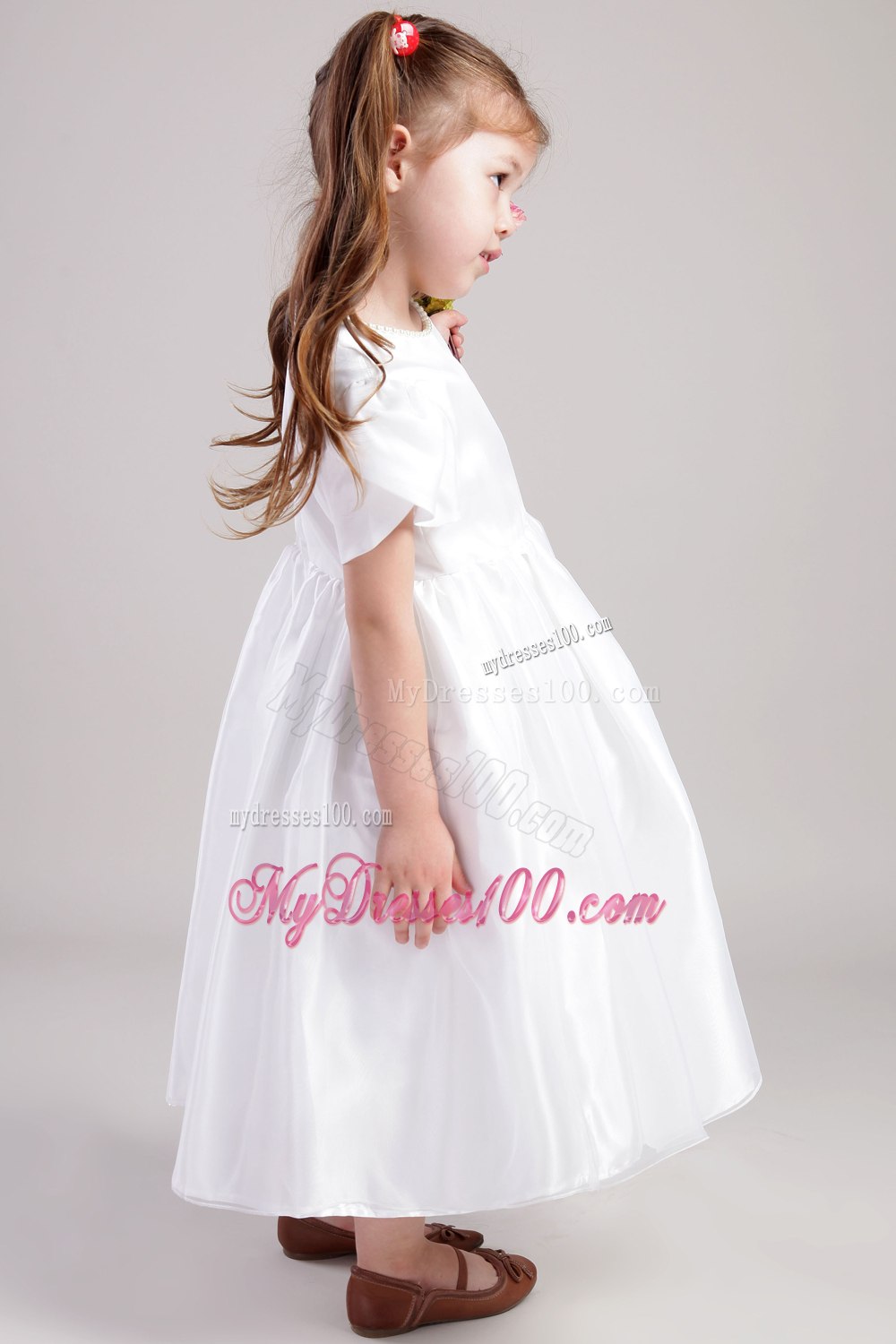 Simple White Princess Scoop Tea-length Taffeta Flower Girl Dress