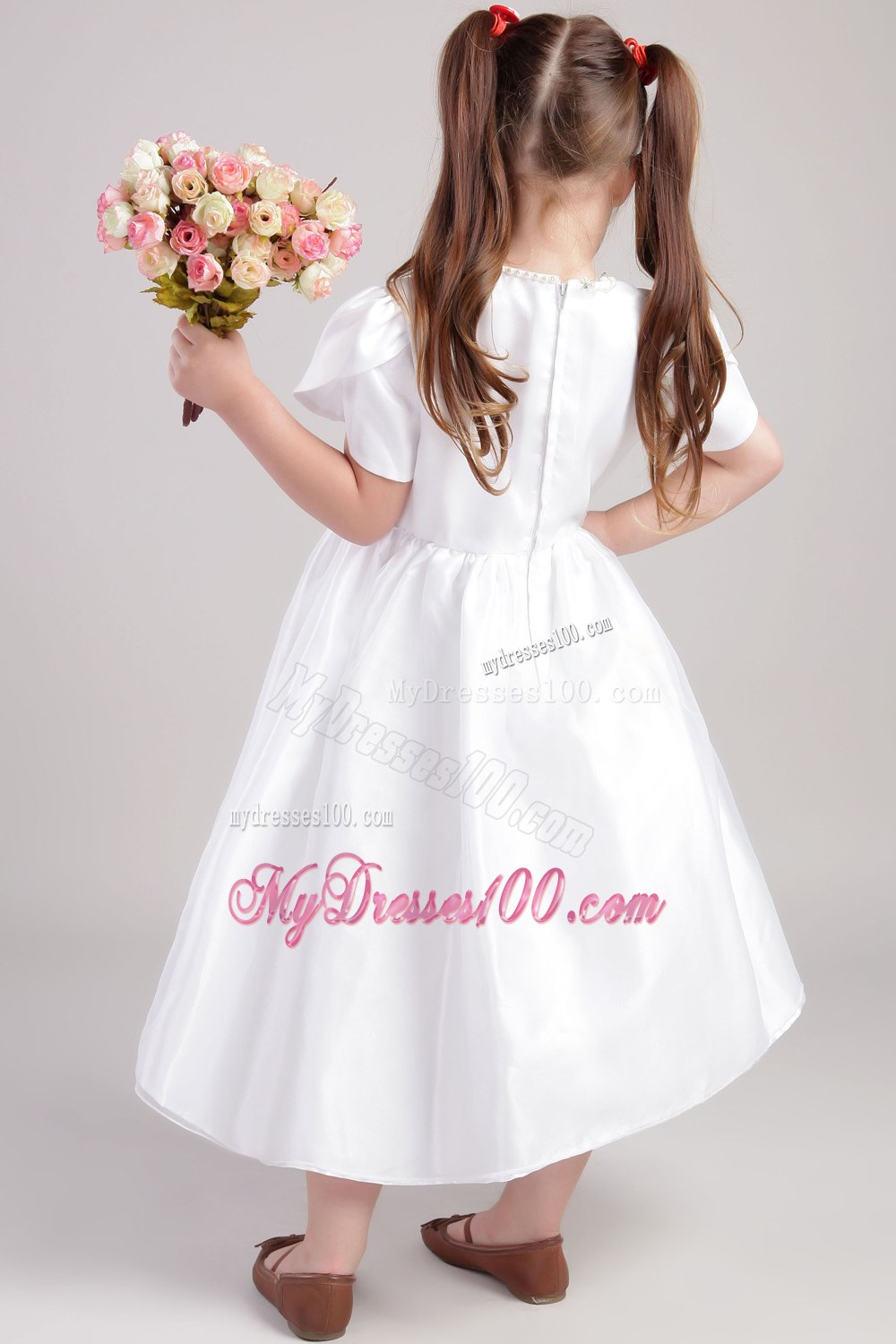 Simple White Princess Scoop Tea-length Taffeta Flower Girl Dress
