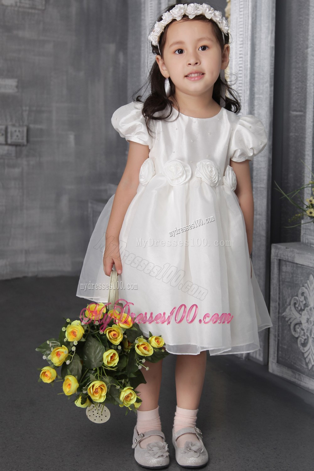 White A-line / Princess Scoop Tea-length Organza Hand Made Flowers Flower Girl Dress